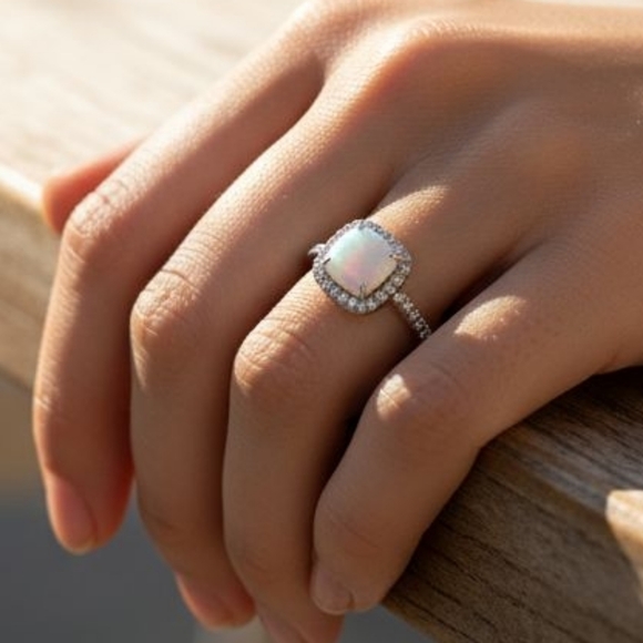 Vintage-inspired Solitaire Silver Gemstone White Opal Wedding Ring, Sz 10 - Picture 1 of 11